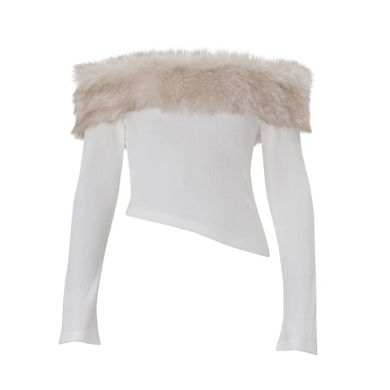 Faux Fur Collar Off Shoulder Long Sleeve Tees White Rib Crop Tops Streetwear Tshirts Y2k Woman Clothes