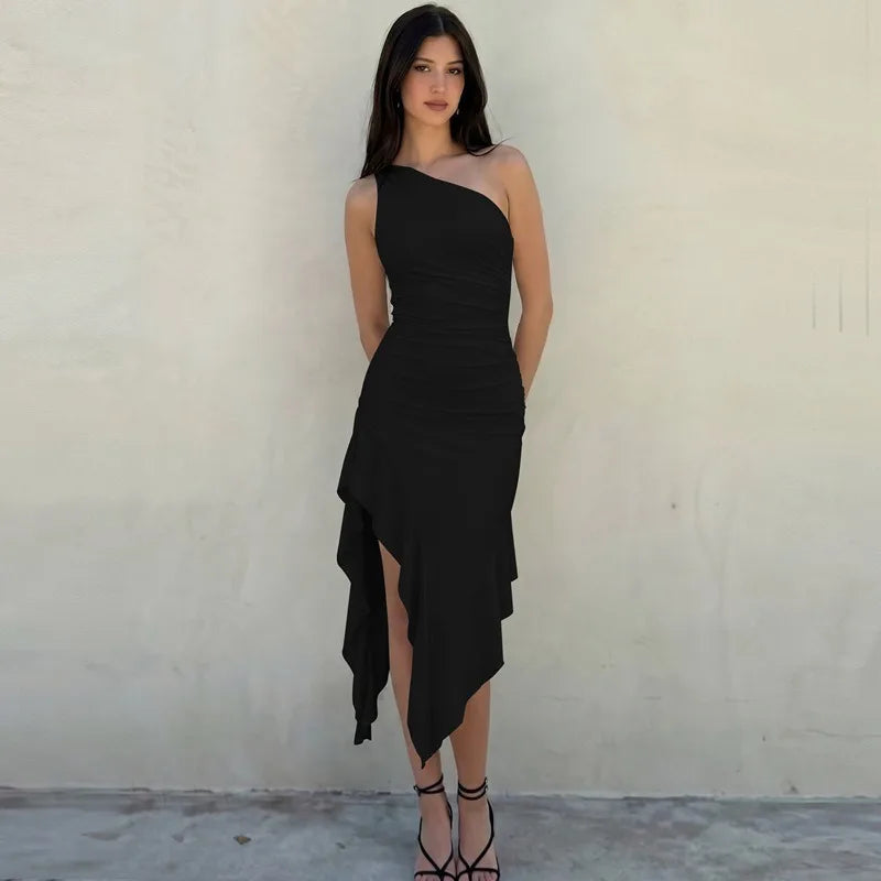 One Shoulder Midi Dress with Asymmetrical Ruffle Hem Woman Elegant Wedding Guest Dresses 2026