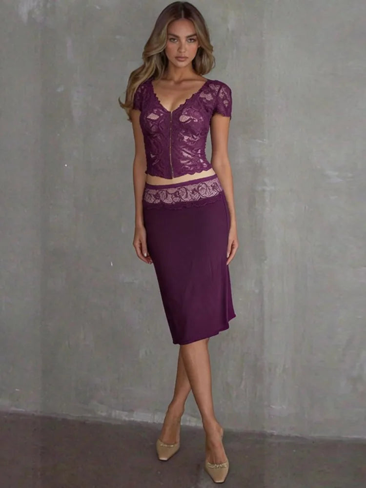 Women 2 Piece Set Lace Short Sleeve Crop Top Midi Skirt Set V Neck Bodycon Skirt Suit Evening Club Party Matching Sets