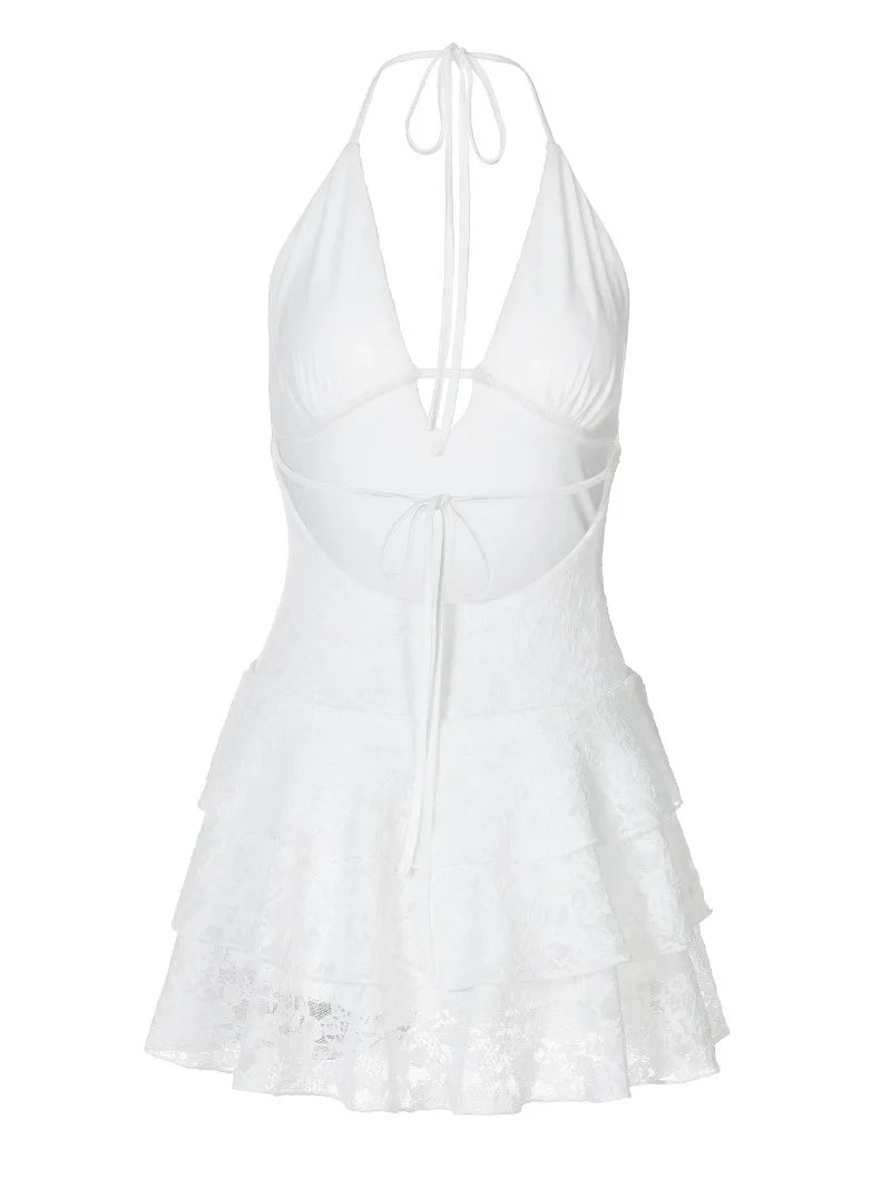 White Lace Deep V Neck Backless Mini Dresses for Summer Music Festival Outfits Sexy Tiered Dress