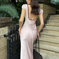 Silky Stain Elegant Dress Woman Lace Patchwork V-Neck Cross Bnadage Backless High Waist Robe Birth Party Vestidos