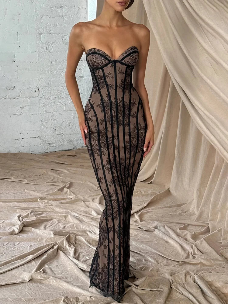 Lace Strapless Mermaid Maxi Dress Women Sweetheart Neck Sheer Mesh Bodycon Long Gown Evening Party Cocktail Vestidos