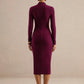 Women Turtleneck Long Sleeve Midi Dress Ruched Side Slit Bodycon Dress Solid Color Elegant Evening Party Midi Dresses