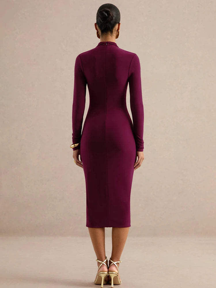 Women Turtleneck Long Sleeve Midi Dress Ruched Side Slit Bodycon Dress Solid Color Elegant Evening Party Midi Dresses