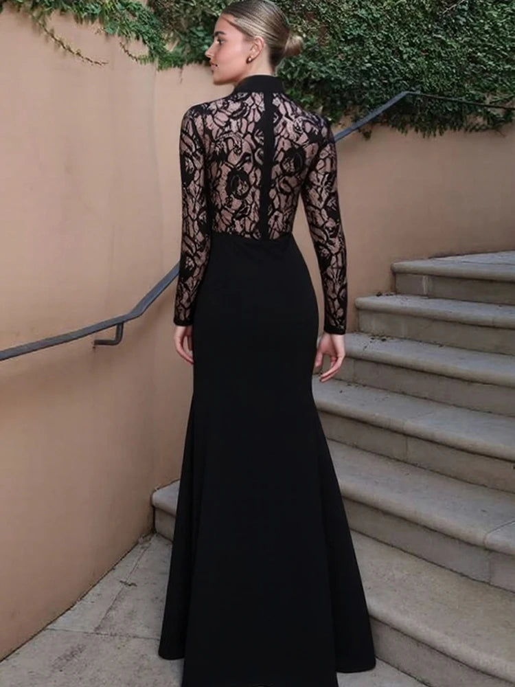 Lace Patchwork Maxi Dress Women Turtleneck Full Sleeve Skinny Folds Zipper Sexy Midnight Fashion Prom Party Chic Vestidos