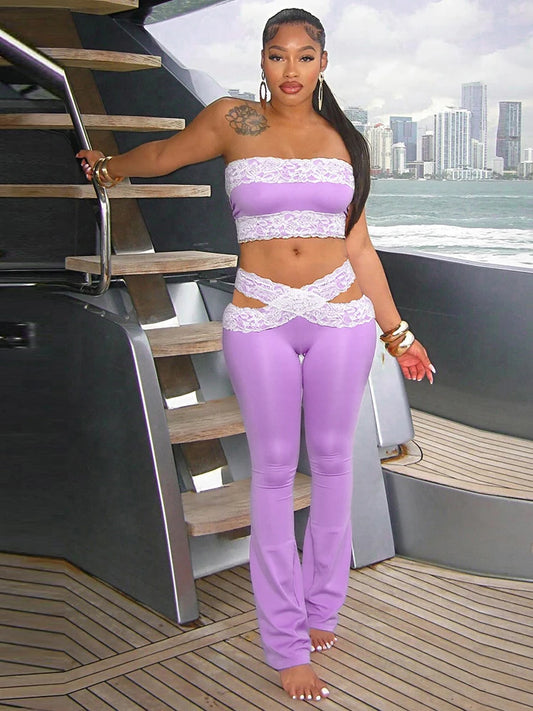 Mesh Patchwork 2 Piece Set Women Sexy Backless Strapless Tops+Cross Hollow Skinny Long Pants Hottie Wild Style Suits