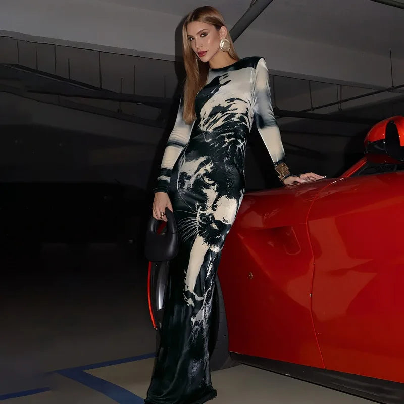 Animal Printed Black Dress Woman Elegant Crew Neck Long Sleeve Maxi Dresses Fall Fashion 2025