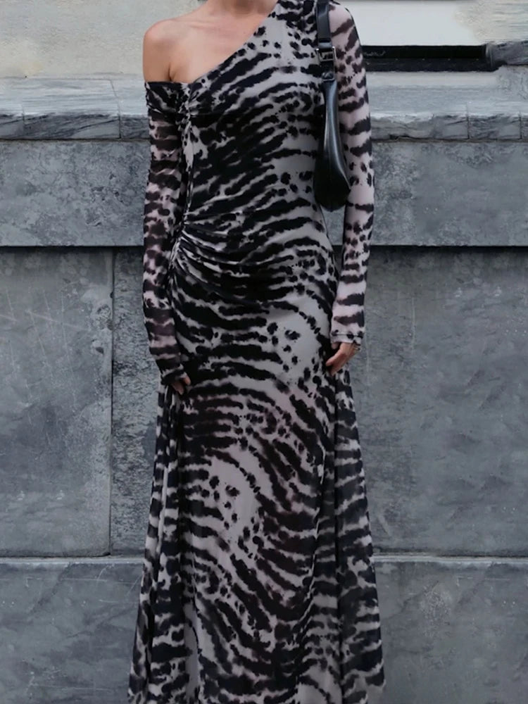 Patchwork Design Long Dress Women Autumn Trend Inclined Shoulder Full Sleeve Skinny Stretch Wild Style Streetwear