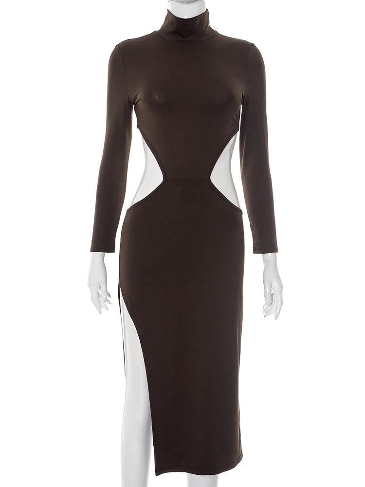 Sexy Thigh High Split Dress Women Turtleneck Sexy Evening Party Hollow Backless Stretchy Fall Trend Club Long Bodycon