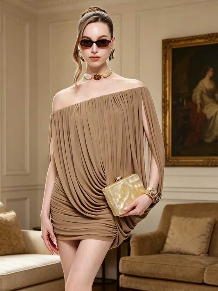 Summer Dress Women Folds Off-Shoulder Mesh Irregular Solid Elasticity Elegant Dinner Party Fashion Vacation Mini Bodycon