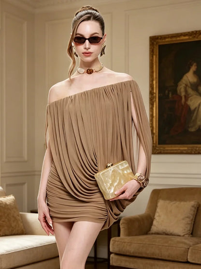 Summer Dress Women Folds Off-Shoulder Mesh Irregular Solid Elasticity Elegant Dinner Party Fashion Vacation Mini Bodycon