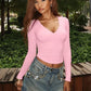 Solid Color Basic Casual Autumn Tops 2025 Fashion Clothes for Woman V Neck Long Sleeve T Shirts