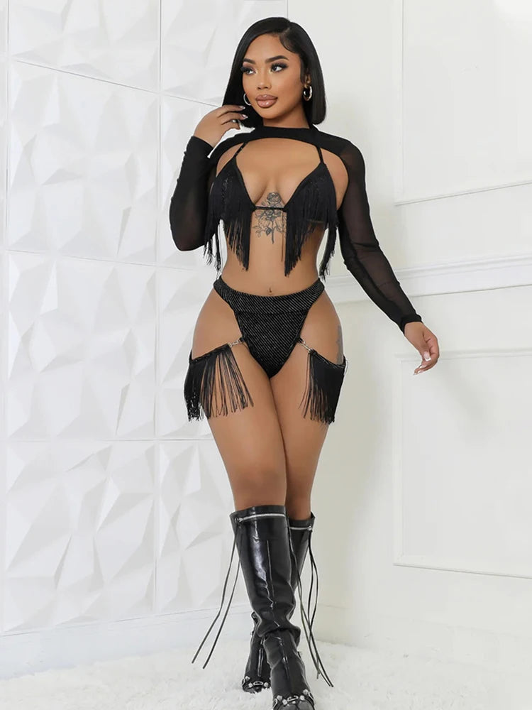 Sexy Coquette 3Piece Set Women Glitter Tassel Beach Vacation Long Sleeve Shawl+Bra Tops+Briefs Clubwear Midnight Suit