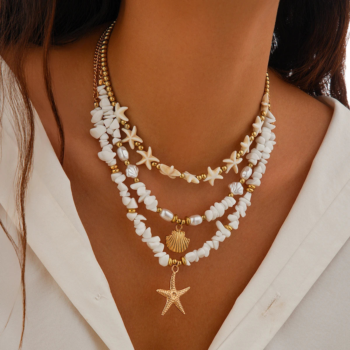 3Pcs/Set Boho Starfish Conch Pendant Choker Necklace Women Creative White Irregular Stone Chain Aesthetic Y2K Jewelry