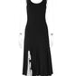 Women Black Sleeveless Midi Dress U Neck Slim Fit Contrast White Ruffle Split Long Dress Elegant Holiday Party Dresses