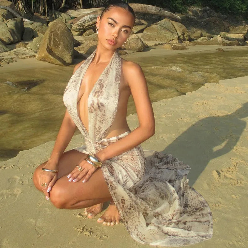 Print Mesh Sheer Sexy Summer Beach Dress Woman 2025 Open Back Deep V Split Long Maxi Dresses Vacation Outfits