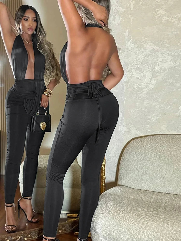 Sexy Backless Jumpsuits Woman Halter Deep V-Neck Sleeveless Skinny Peach Hip Midnight Club Party Fashion Overalls