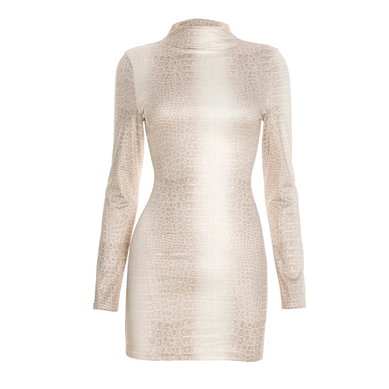 Hottie Snake Pattern Dress Women Winter Trend Full Sleeve Sexy Street Midnight Activity Stretch Skinny Mini Bodycon