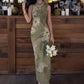 Hollow Maxi Dress Women Frog Button Stand-Up Collar Floral Print Sleeveless Classic Summer Elegant Chic Vestidos