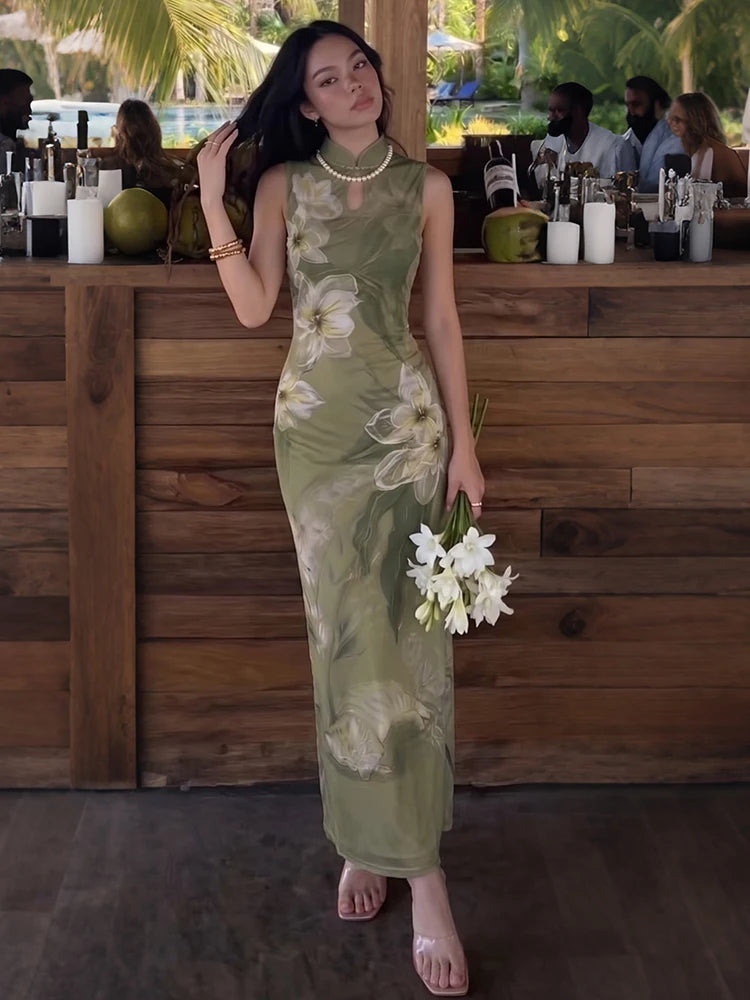 Hollow Maxi Dress Women Frog Button Stand-Up Collar Floral Print Sleeveless Classic Summer Elegant Chic Vestidos