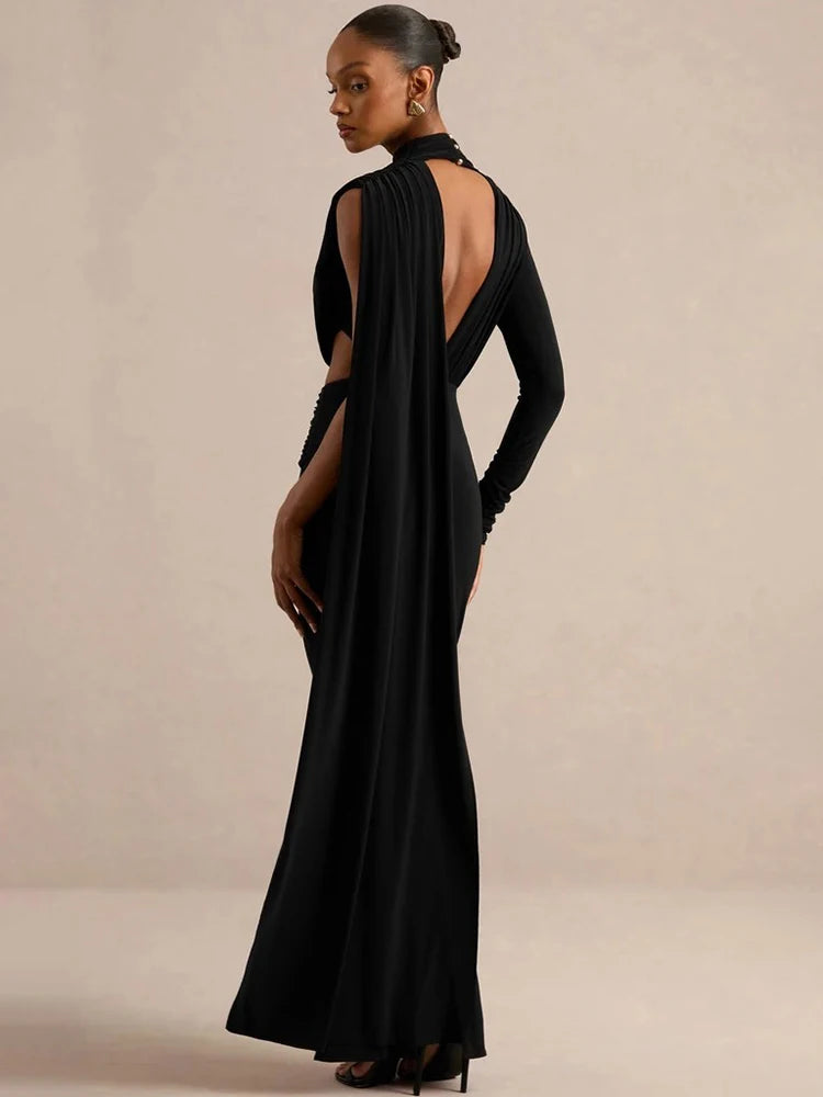 Women Draped High Neck One Long Sleeve Cutout Waist Maxi Dress Slim Backless Mermaid Formal Evening Party Dress