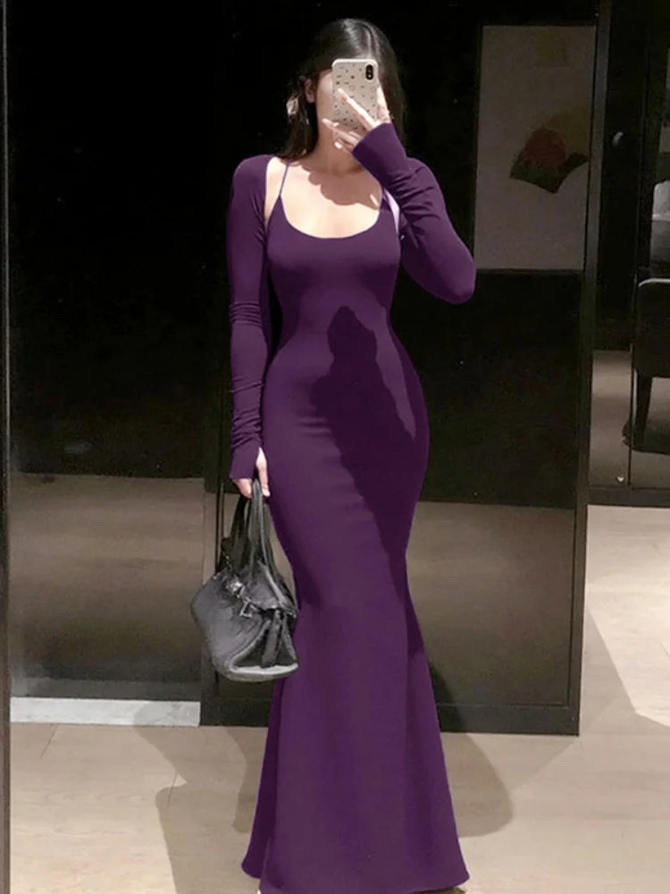Halter Backless Maxi Dress with Long Sleeve Shawl Sexy Outfits Fall Casual Black Dresses Woman 2 Piece Set