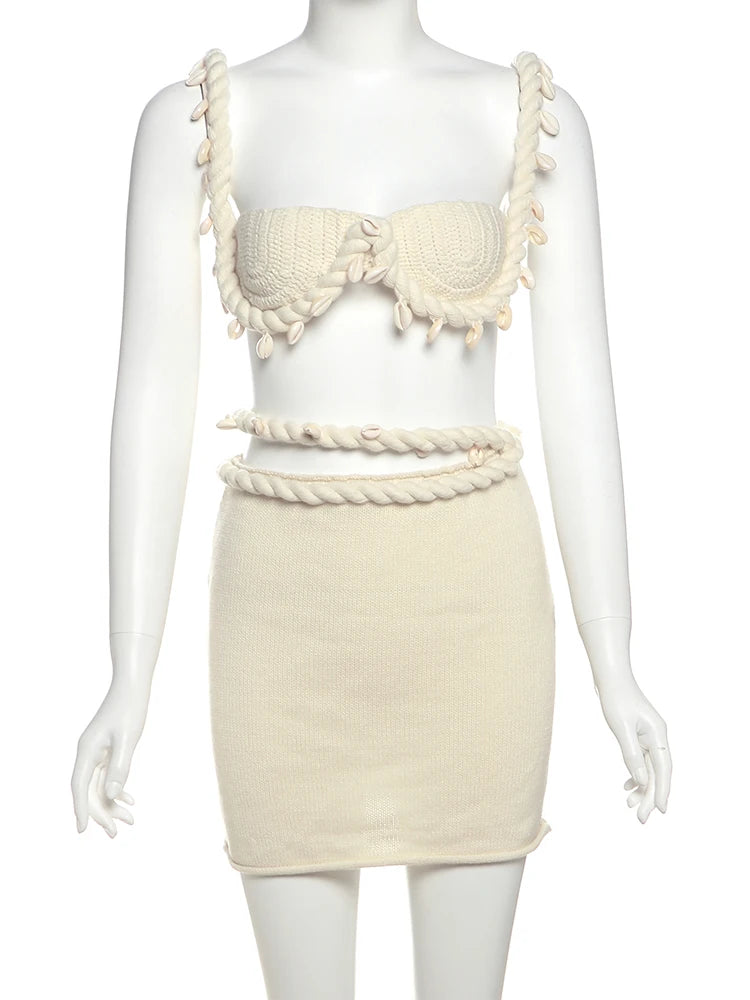 Crochet Applique Patchwork 2 Piece Set Women Sexy Backless Crop Tops+Bandage Hollow Skirts Vacation Beach Party Suits