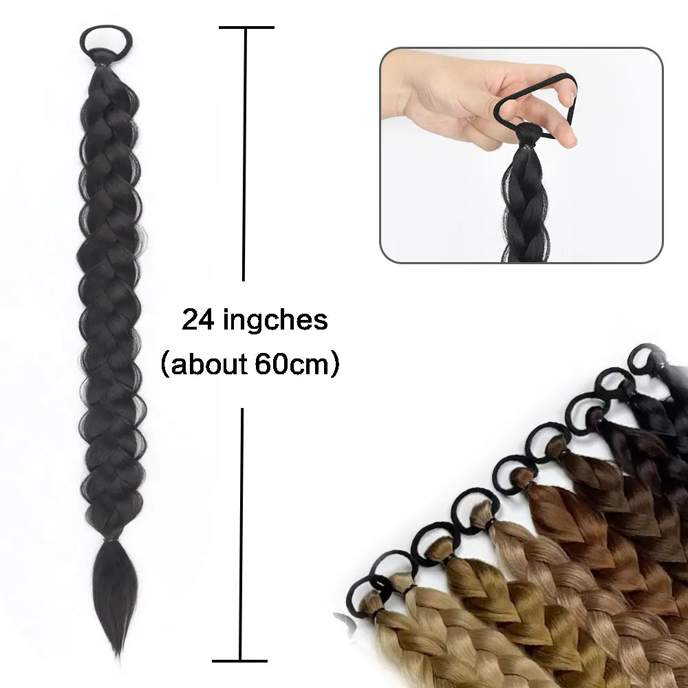 24inches Synthetic Long Braided Ponytail Hair Extensions for Women Black Brown Pony Tail with Hair Rope High Temperature Fiber