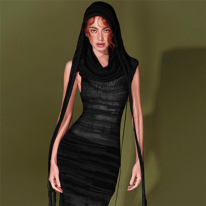 Hooded Sleeveless Long Dresses Red Black See Through Knitted Dress Streetwear Y2k Clothing Sexy Outfit Women