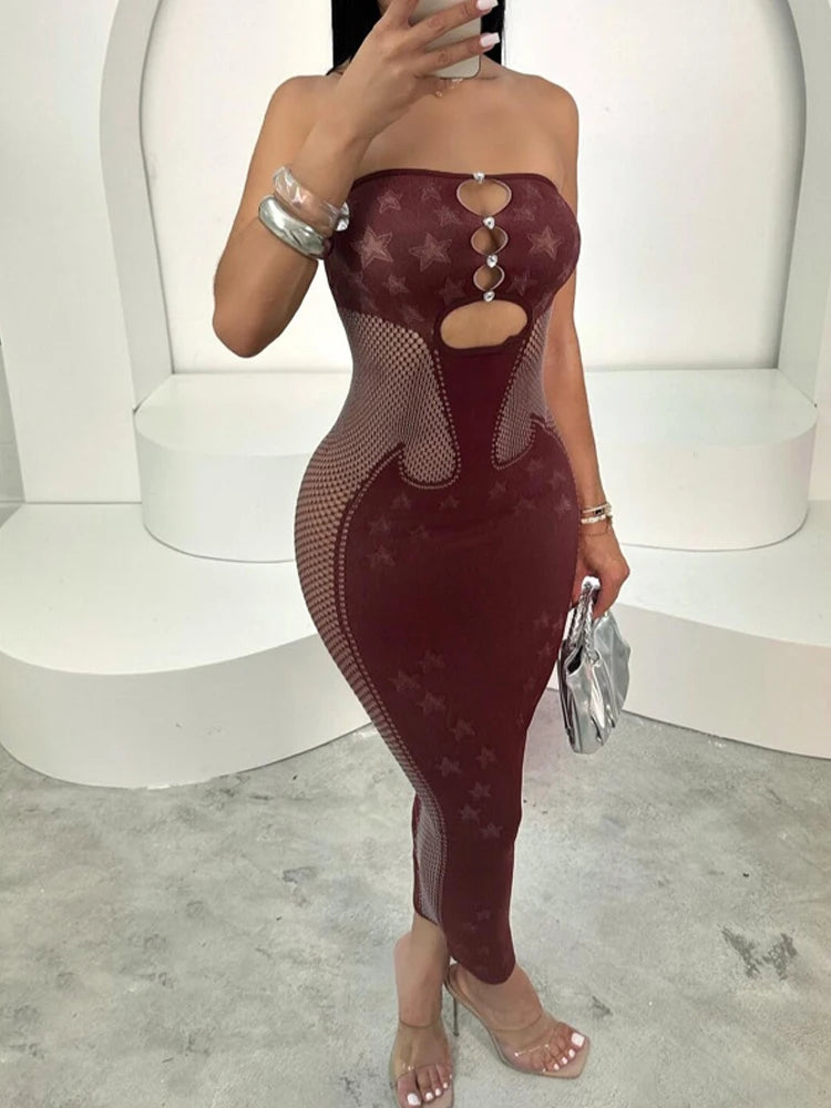 Sexy Hollow Dress Women Summer Trend Tight Backless Star Print Chest Wrap Irregular Wild NightClub Party Long Bodycon