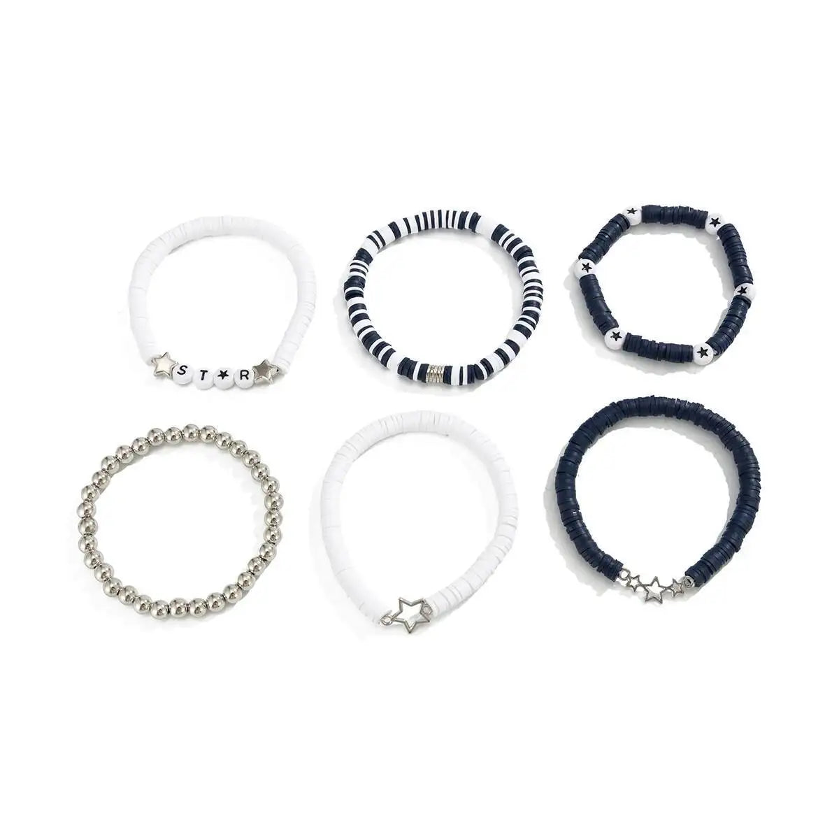 6Pcs Trend Creative Black White Soft Ceramic Acrylic Bead Bracelet Set Versatile Letter Bracelet on Hand Accessory Jewelry