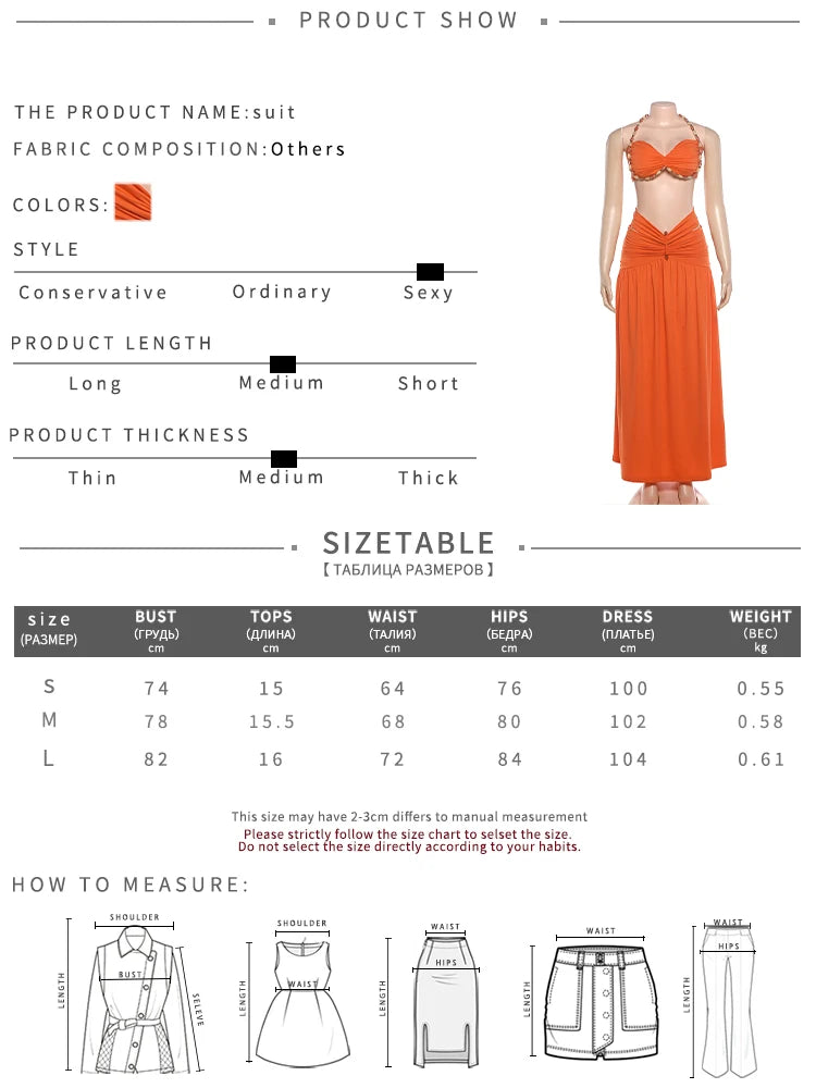 Sexy Vacation 2 Piece Set Women Bead Halter Patchwork Backless Tank Top+Ruched Hollow Long Skirt Fashion Party Suits