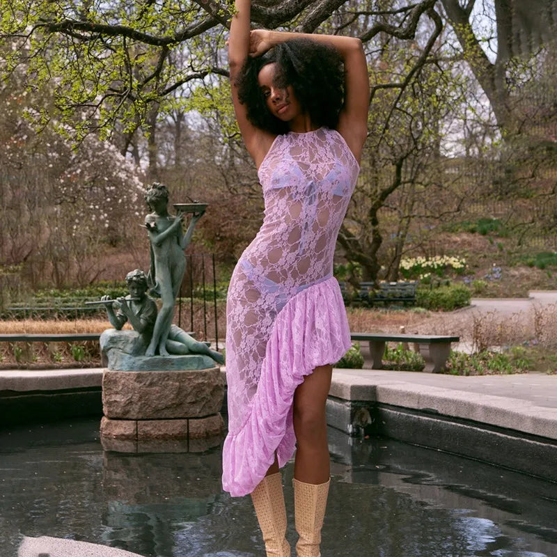 See Through Lace High Low Dresses Sexy Summer Beach Cover Up Asymmetrical Sleeveless Long Dresses