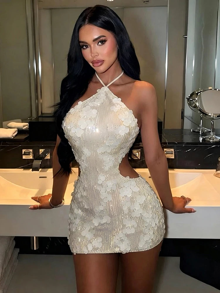 Sequins Patchwork Dress Woman Summer Trend Bandage Halter Off Shoulder Backless Midnight Club Party Sexy Mini Bodycon
