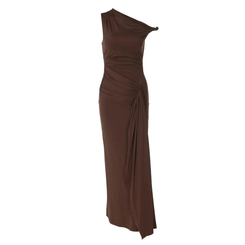 Twisted One Shoulder Sleeveless Maxi Dresses for Elegant Woman Brown Sexy Party Outfits