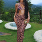 Leopard Print 2 Piece Set Women Lace-Up Halter Bra Tops+Irregular Hollow Waistless Maxi Dress Vacation Fashion Suit