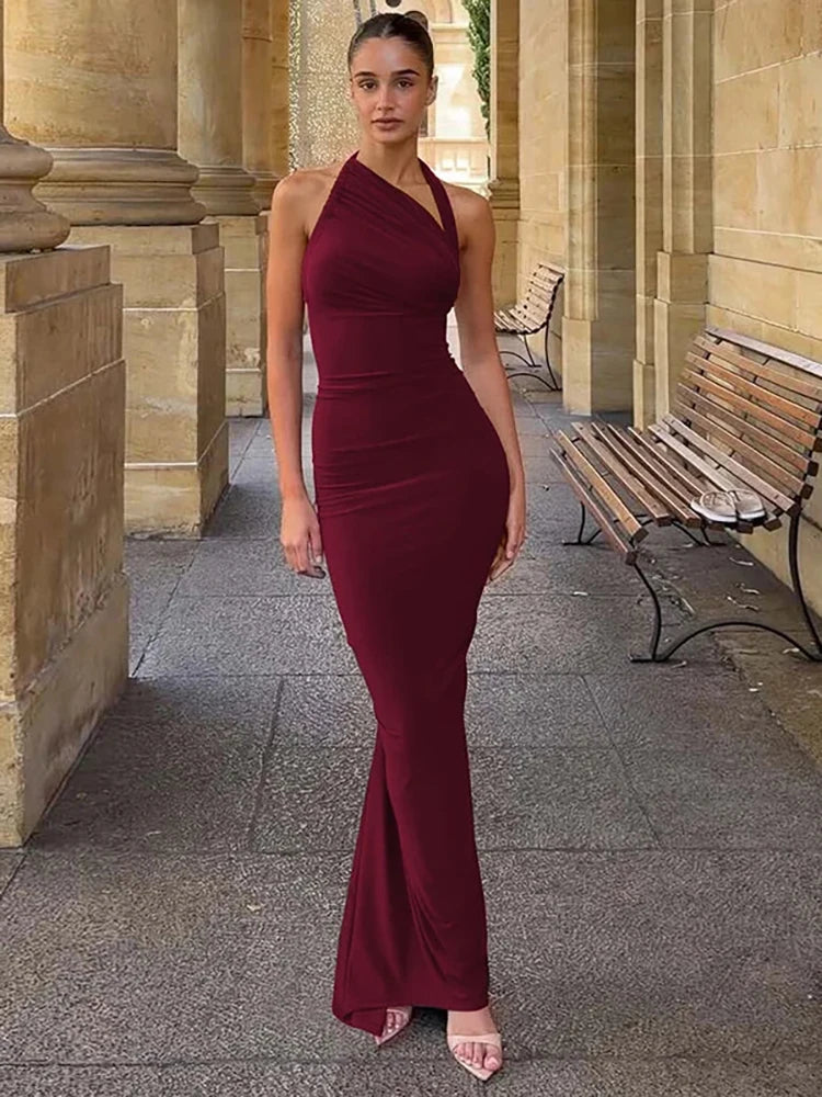 Halter Diagonal Collar Backless Sexy Maxi Dress Women Elegant Off-shoulder Sleeveless Bodycon Club Party Long Dress