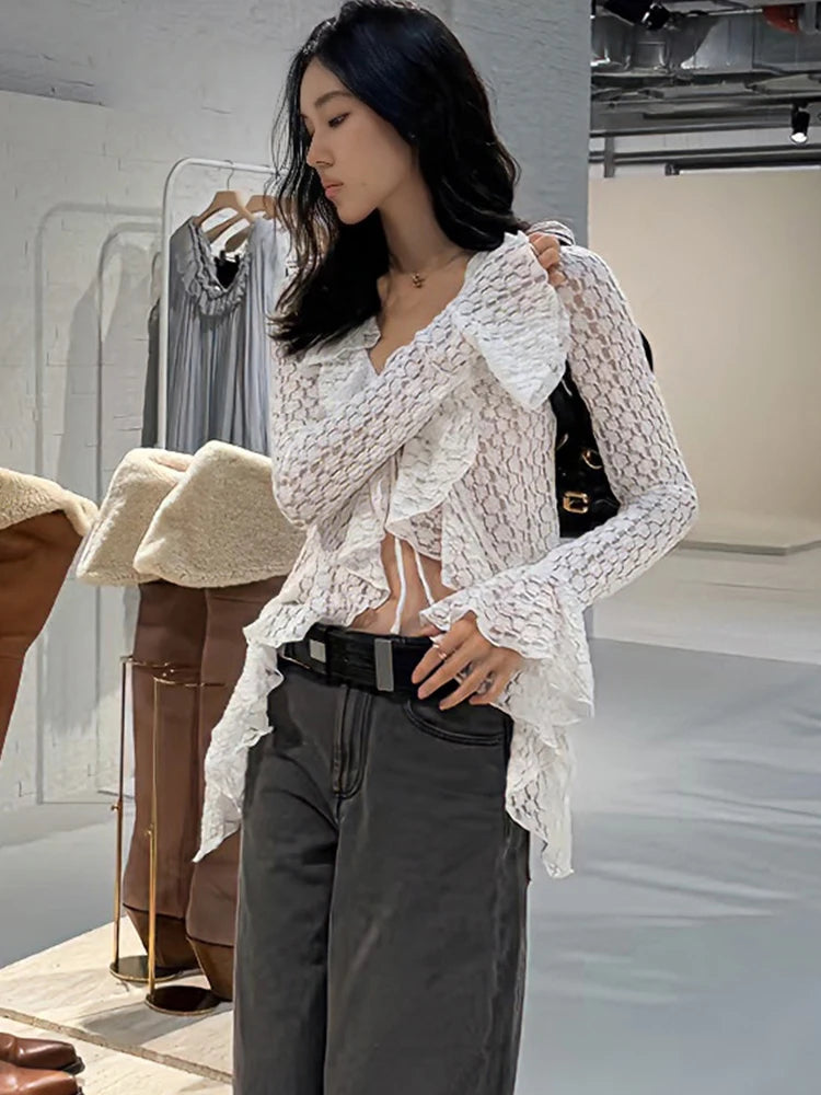 Jacquard t-Shirt Women Bandage Ruffles v-Neck Irregular Hem Elasticity Flare Sleeve Sexy Street Fashion Clubwear