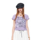 Women's Cartoon Print Purple T-Shirt, Square Neck Ruched Short Sleeve Tee, Ribbed Knit Curved Hem Cute Summer Top