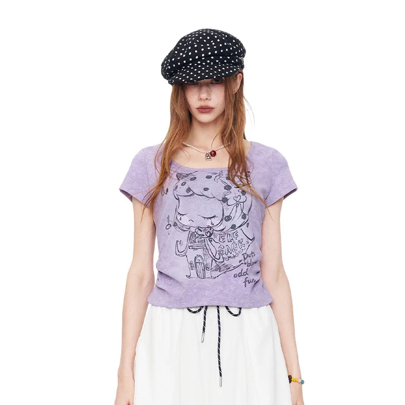 Women's Cartoon Print Purple T-Shirt, Square Neck Ruched Short Sleeve Tee, Ribbed Knit Curved Hem Cute Summer Top