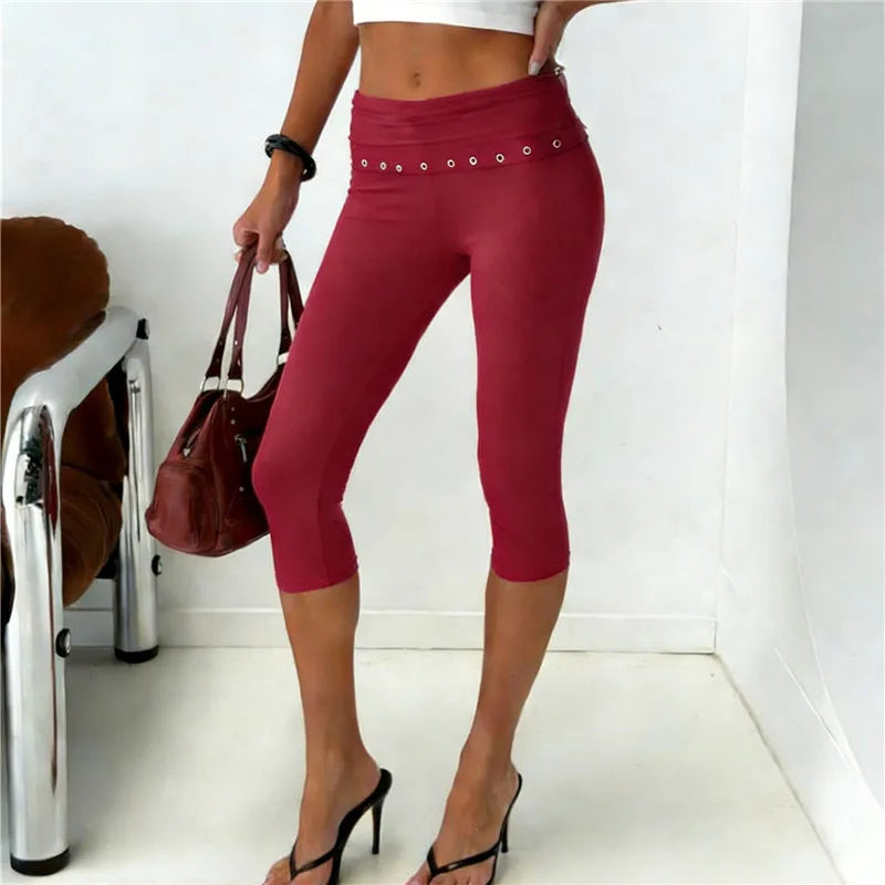 Low Rise Fold Over Studded Detail Skinny Pants Women Eyelet Waistband Capri Leggings Y2K Aesthetic Punk Streetwear