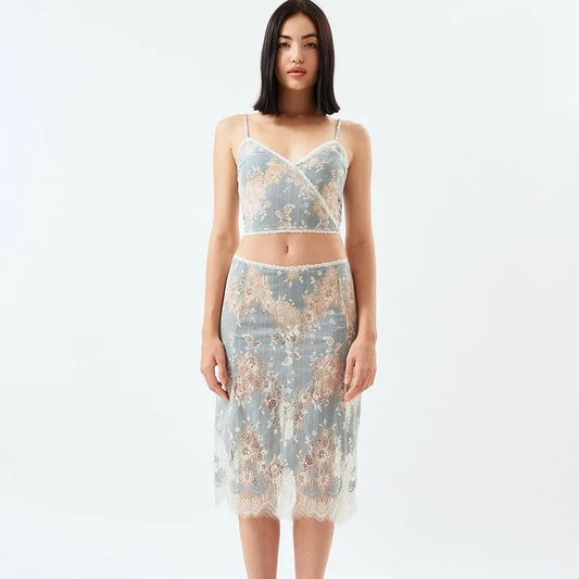 Jacquard Lace Floral Midi Dress Elegant Clothes Summer Women Outfit Sexy 2 Piece Set Skirt and Top