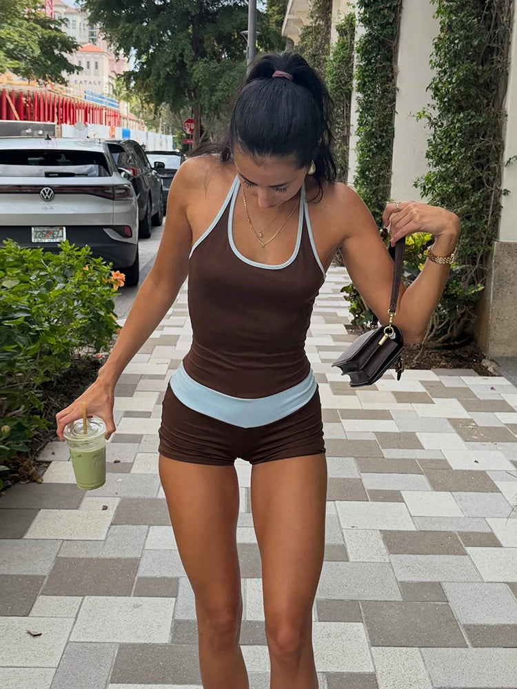 Sproty Style Romper Women Color Blocking Sexy Fashion Halter Bandages Backless Sleeveless Simple Trend Street Playsuits
