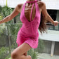 Halter Deep V Neck Sexy Mini Dress Women Elegant Sleeveless Backless Bodycon Ruched Waist Club Party Short Dresses