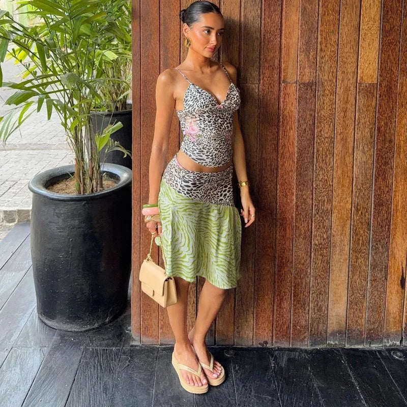 Women's Matching Sets Leopard Print Cropped Camisole Top and Irregular Skirt Two Piece Set Sexy Womens Outfit