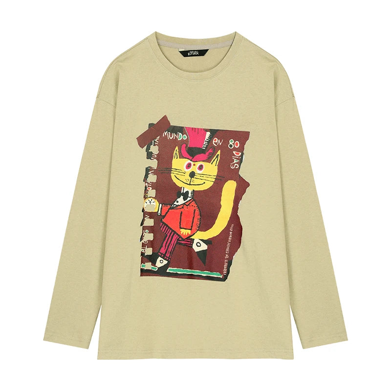 Khaki Cartoon Cat Print Long Sleeve T-Shirt for Women