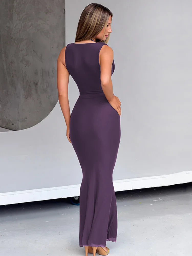 Women Halter Off Shoulder Mesh Maxi Dress Draped Ruched Bodycon Long Dress Elegant Evening Party Wedding Guest Dress