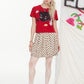 Women's Casual Short Sleeve T-Shirt with Cat Floral Graphic, Playful Red Tee for Summer, Cute Crop Top for Everyday