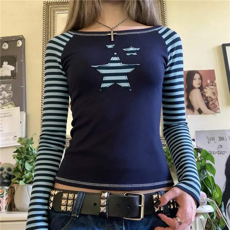 Vintage Star Raglan Crop Top Ladies Boat Neck Striped Long Sleeve Slim Ribbed Tee Y2K Grunge Street Fashion Short Top