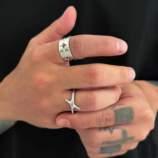 Fashion Vintage Silver Color Cross Star Ring for Men Minimalism Punk Couple Rings Daily Party Wedding Jewelry Accessories